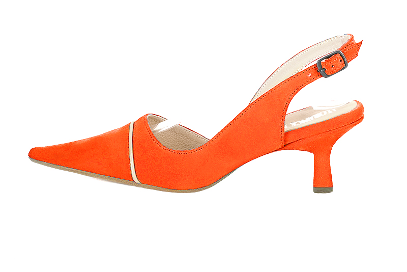 Clementine orange and gold women's slingback shoes. Pointed toe. Medium spool heels. Profile view - Florence KOOIJMAN